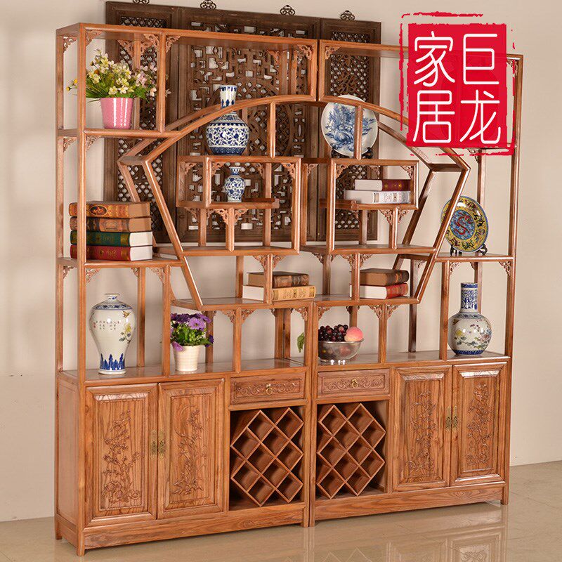 扇形博古架实木隔断多宝阁茶架中式多宝架仿古储物架实木成品酒柜