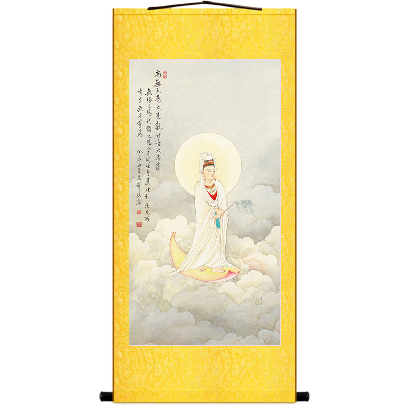 一叶观音图 莲花花瓣云中杨枝观世音菩萨画像装饰画 丝绸卷轴挂画