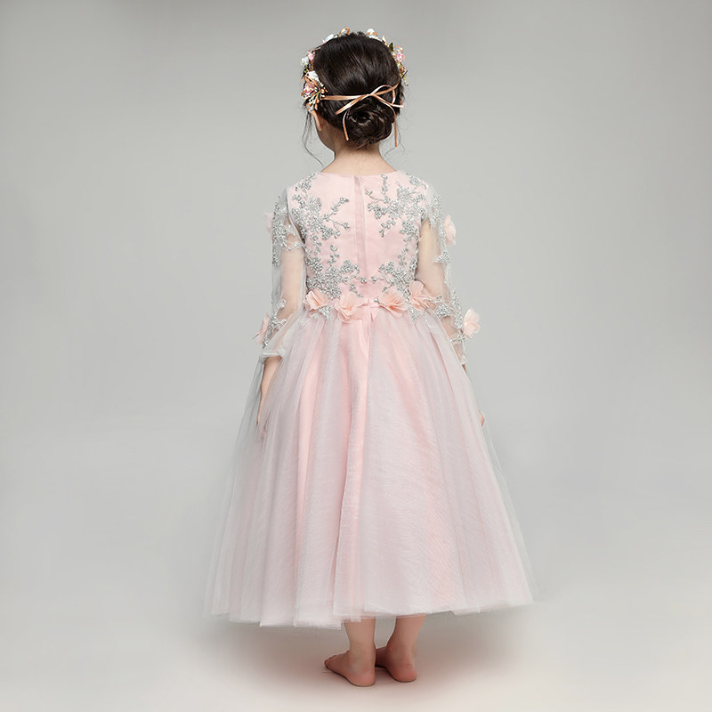 小花童礼服女童儿童婚纱晚礼服长袖蓬蓬公主裙主持人钢琴演出服冬