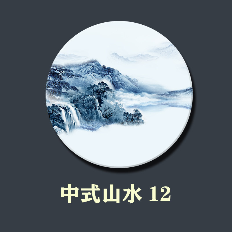 中式山水屏风隔断玄关背景墙双面大理石画定制圆形装饰画加工定做