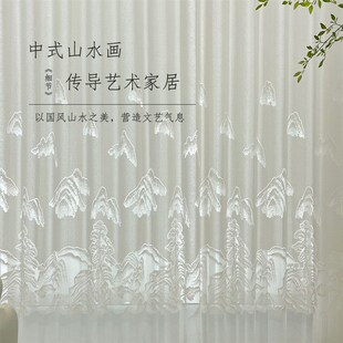 窗帘纱帘防晒2024年新款客厅阳台单挂江山如画中式风成品定制窗纱
