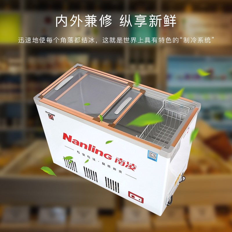 南凌卧式冰柜单温冷柜玻璃双门商用直冷展示柜冰箱冷冻柜冷冻冷藏