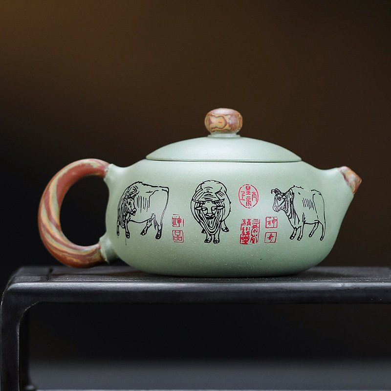 新款原矿宜兴紫砂壶豆青砂手工功夫茶具绞泥五牛扁西施220毫升