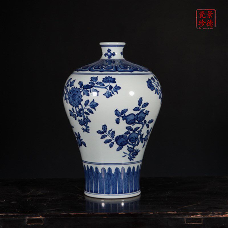 复古青花瓷梅瓶折枝花三果纹景德镇仿古陶瓷花瓶大号家居客厅摆件