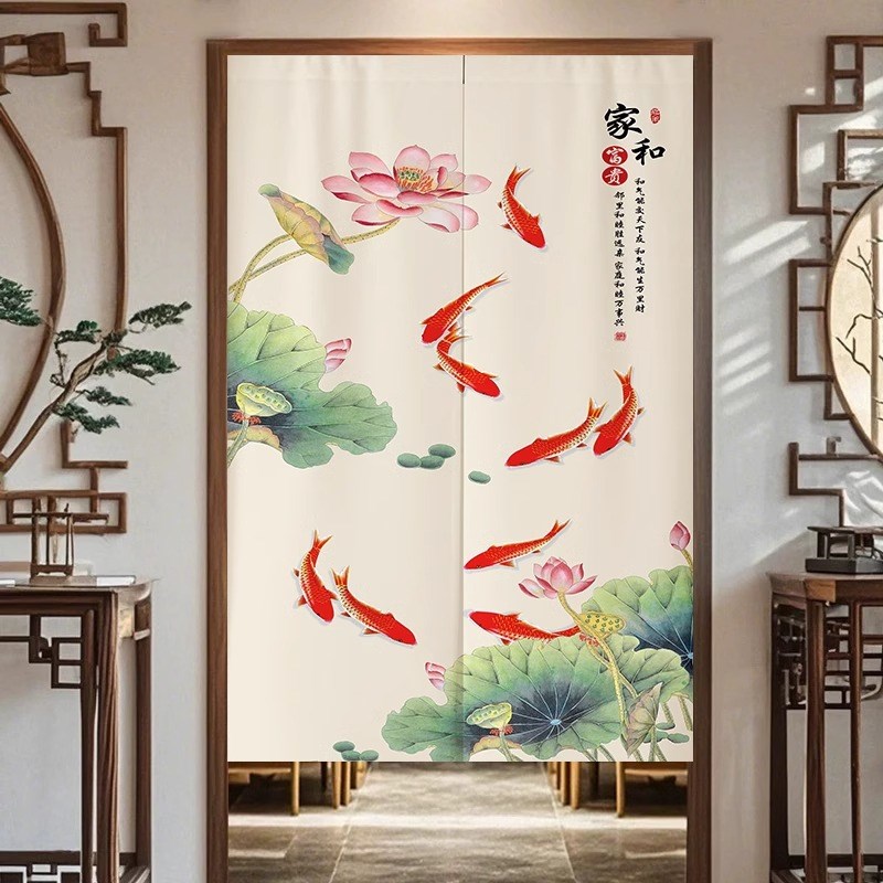 中式九鱼图荷花门帘入户玄关挂帘卧室半帘卫生间厕所遮挡隔断帘子图片