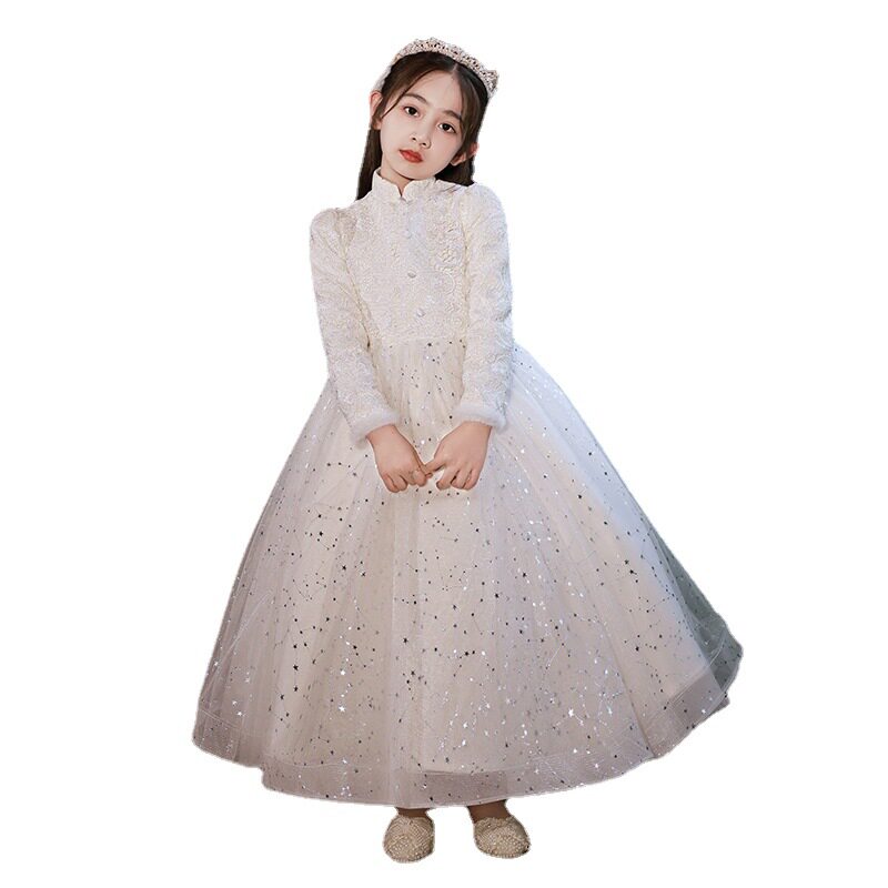 大码礼服女大童长袖加厚生日公主裙胖小女孩主持人花童钢琴演出服