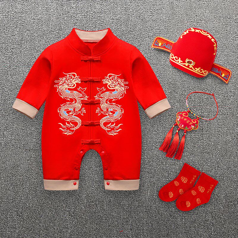 夏季婴儿满月服龙宝宝百岁礼服红男宝百日宴衣服男孩长袖薄款喜庆