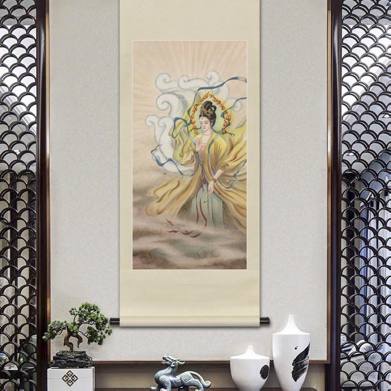 工笔神仙人物国画玄狐元君九尾狐画像玄关书房中式画轴卷轴挂画框
