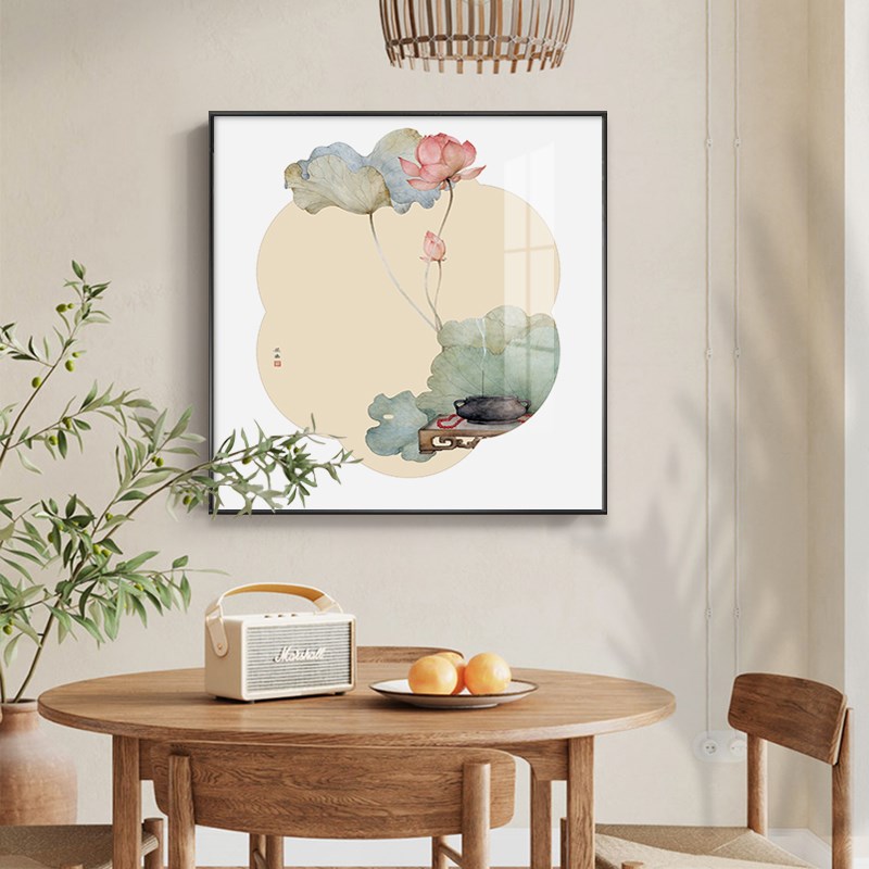 新中式禅意荷花餐厅装饰画玄关挂画中国风客厅茶室背景墙莲花壁画