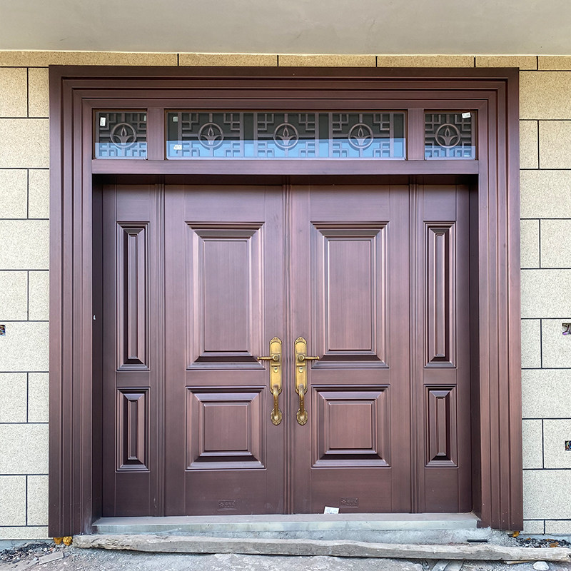 别墅大门双开门中式农村大门自建房仿铜门乡村进户门锌合金防盗门