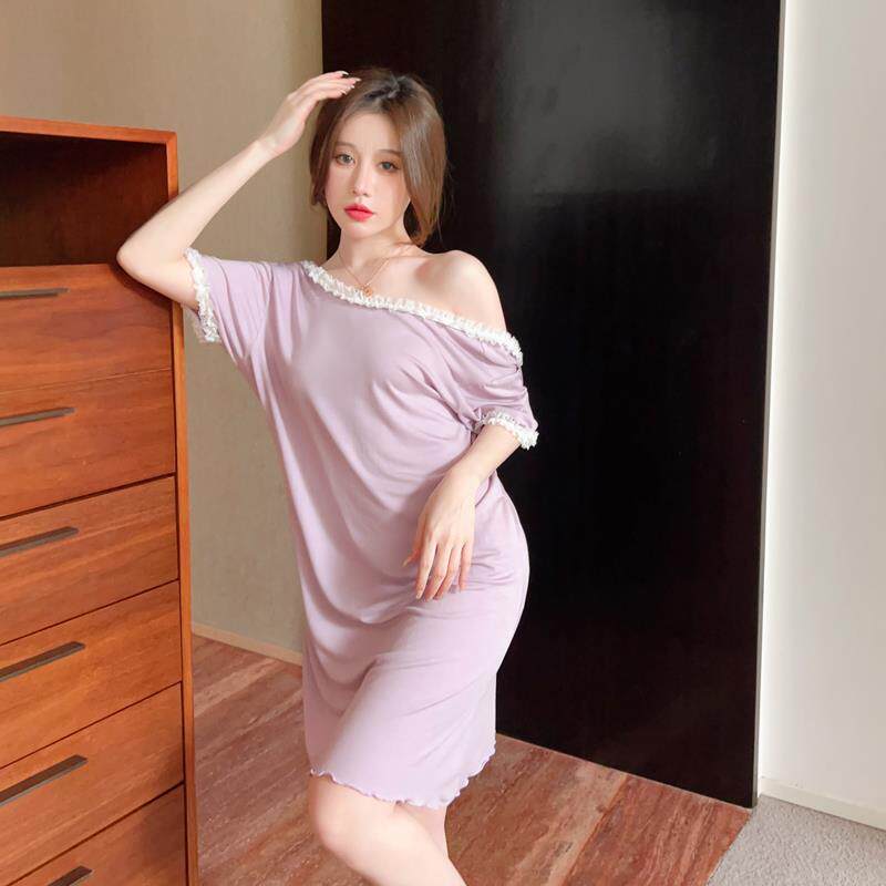 带胸垫莫代尔露背睡裙女蕾丝夏季2025新款薄短袖宽松中长款睡衣裙