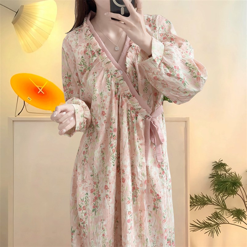 新中式睡衣女春秋季2025新款长袖碎花睡袍国风睡裙浴袍家居服外穿