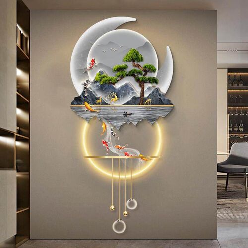九鱼图挂画玄关画入户正对门寓意好走廊装饰画轻奢高级感带灯画