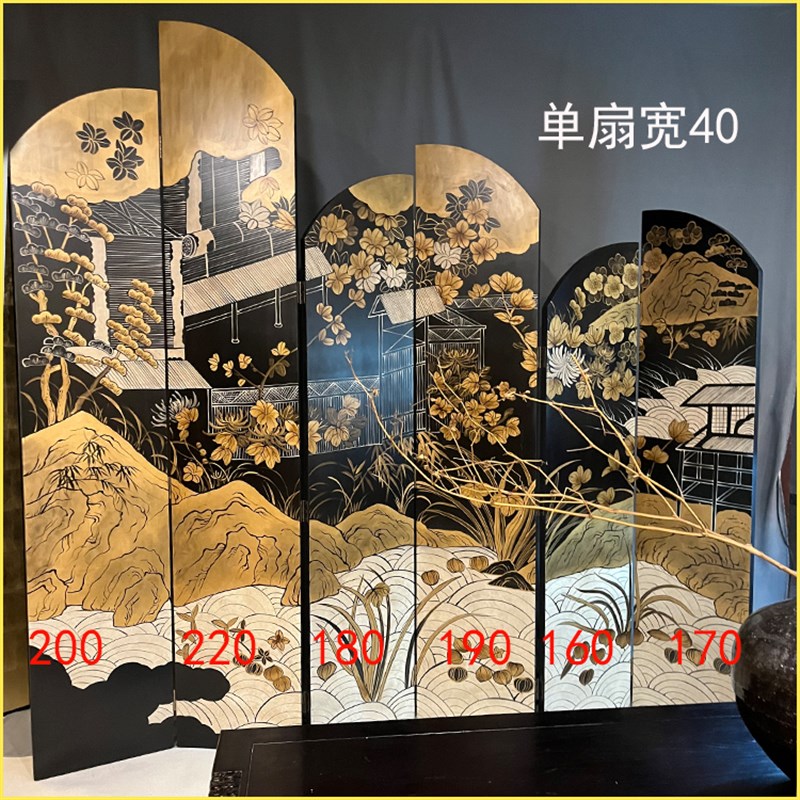 定制手绘漆画描金隔断玄关折屏折叠实木屏风新中式复古客厅背景墙