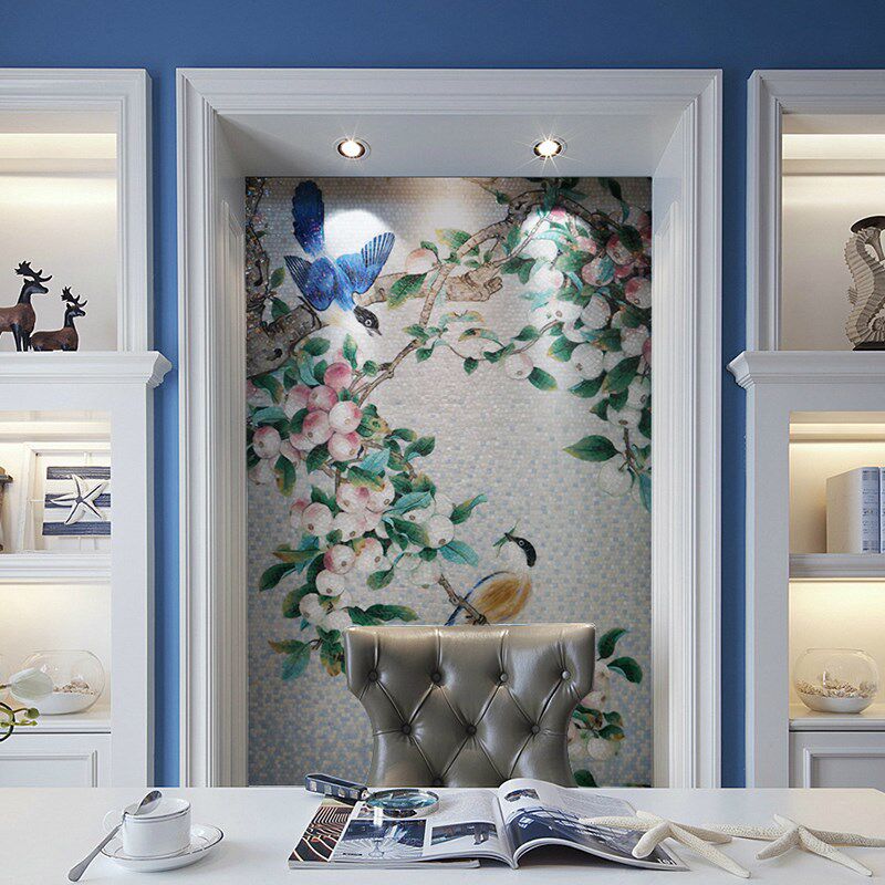 花鸟水晶玻璃马赛克背景墙卫生间瓷砖玄关装饰画客厅拼图剪画墙贴