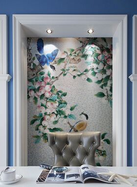 花鸟水晶玻璃马赛克背景墙卫生间瓷砖玄关装饰画客厅拼图剪画墙贴