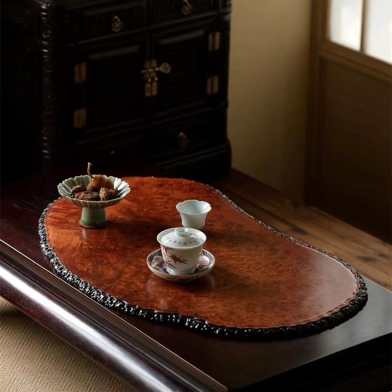 缅甸花梨木中式干泡台茶盘 原木料红木茶壶杯垫树瘤疤瘿木茶盘
