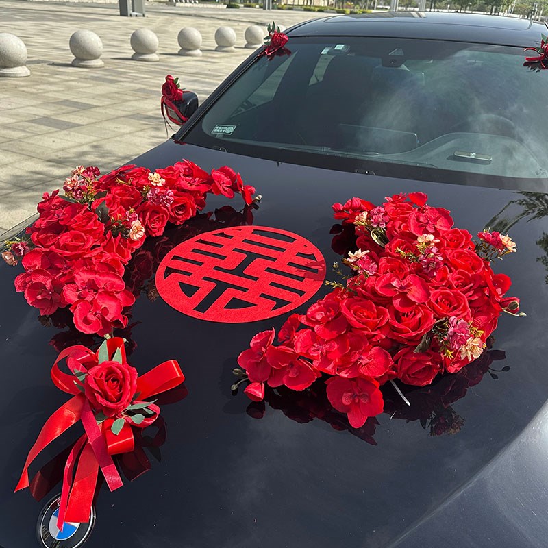 红色月亮主婚车装饰车头花结婚布置车队全套头车花仿真拉花吸盘花