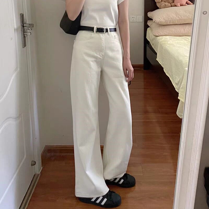 白色阔腿牛仔裤女2025年春夏季新款宽松显瘦垂感小个子窄版直筒裤