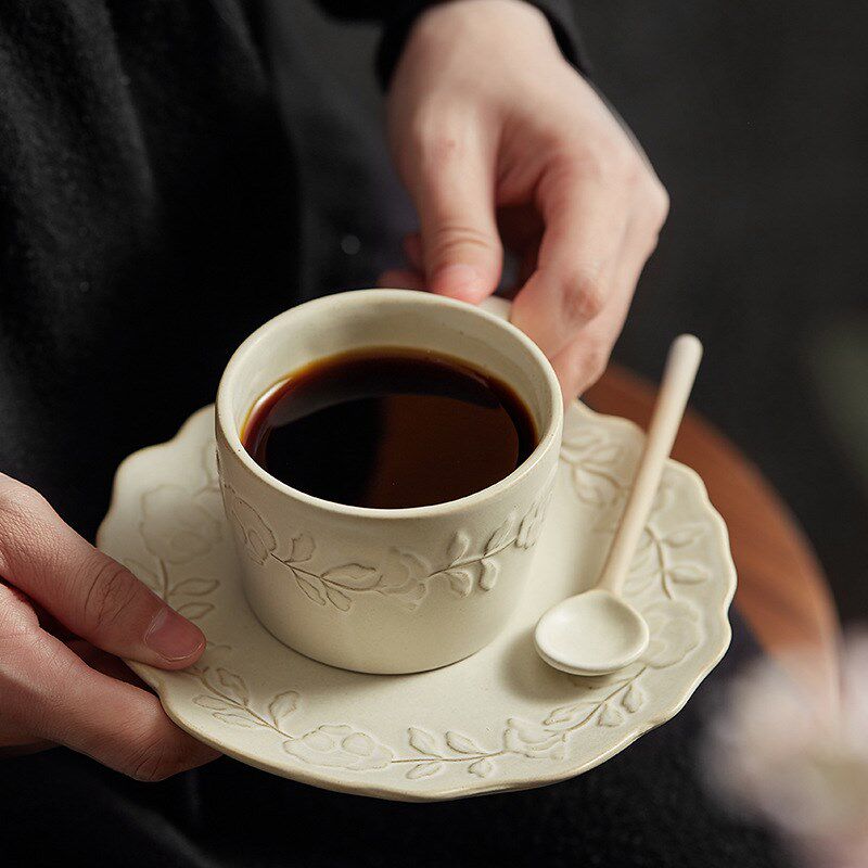VIANNA丨花朵杯EUDO复古咖啡杯碟陶瓷马克杯套装家用喝水杯礼物