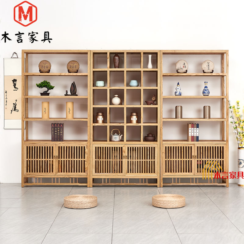 实木带灯茶室茶叶展示柜多宝阁榆木博古架茶具茶壶茶杯置物架书柜