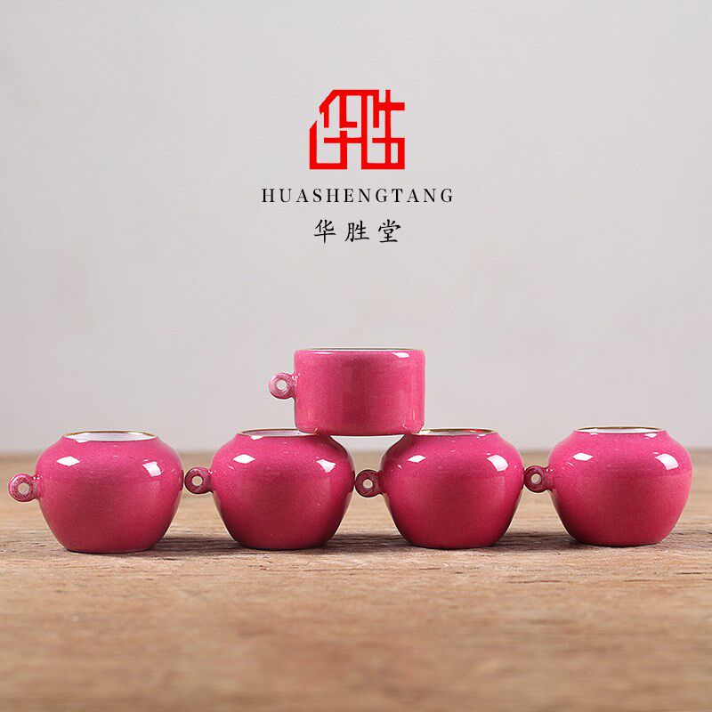 华胜堂 景德镇胭脂红镶金红子罐鸟食罐鸟具小鸟杯水罐 鸟笼配件