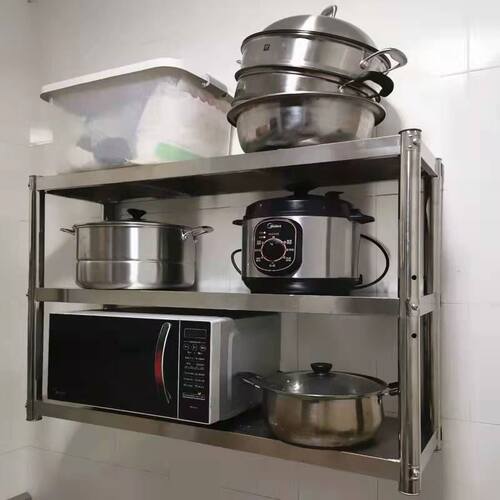 不锈钢厨房3层壁挂式墙上置物架上墙二层收纳吊架饭店墙壁碗架