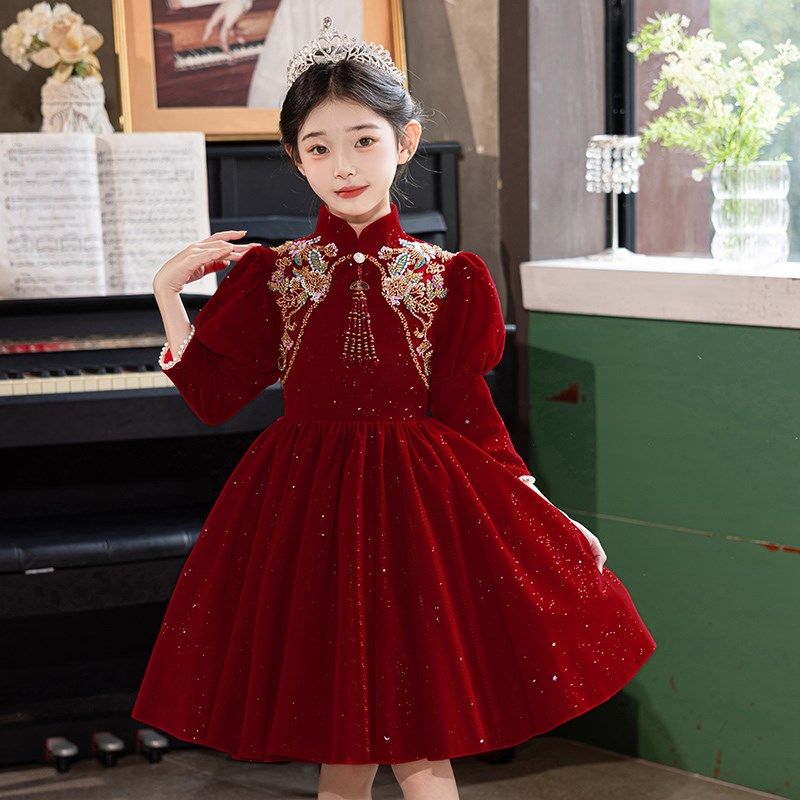 女童礼服轻奢小众高端儿童主持人生日中式红色演出花童公主裙秋冬