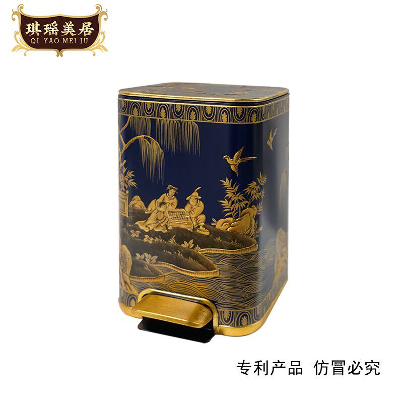 中法式别墅客厅家用古典艺术纯手绘垃圾桶脚踏式缓降高端垃圾桶
