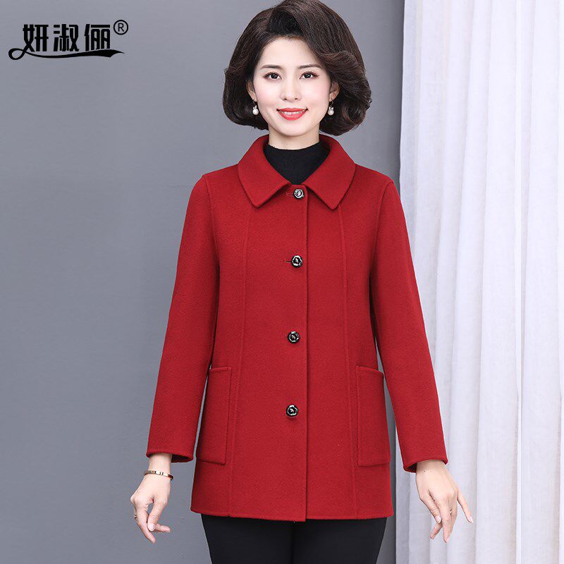 妈妈双面呢外套短款洋气新款中老年人女装秋冬季红色羊毛呢子大衣