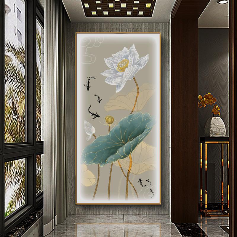 入户玄关带灯晶瓷挂画走廊过道LED发光荷花高档装饰画竖版新中式