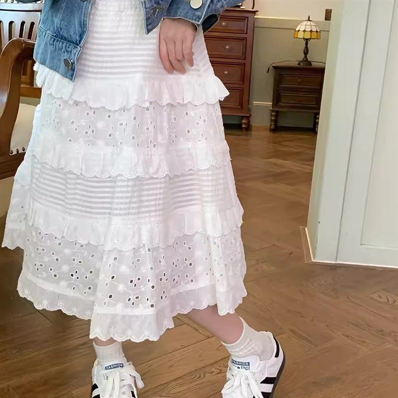 2024春款女童白色半身裙长款春夏洋气蕾丝蛋糕裙春装儿童春季裙子
