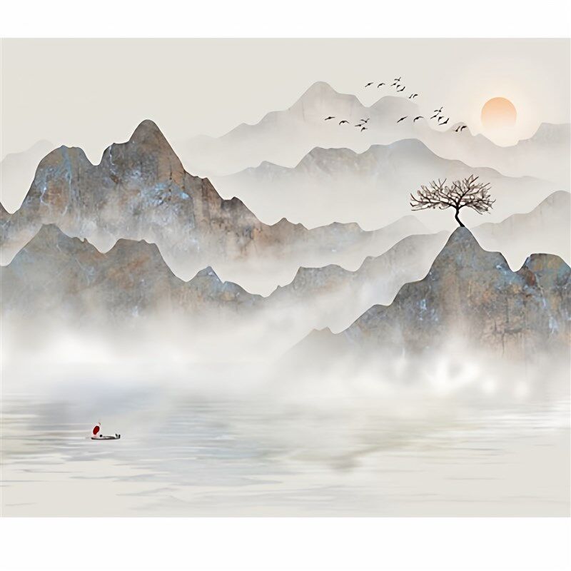 岩板玄关背景墙入户墙瓷砖微晶石大理石过道石材壁画新中式山水画