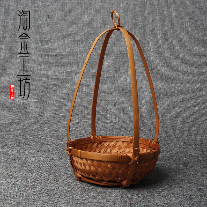 手工竹编工艺制品小簸箕筲箕竹篓竹篮子瓜果篮竹果盘手提篮扁担挑