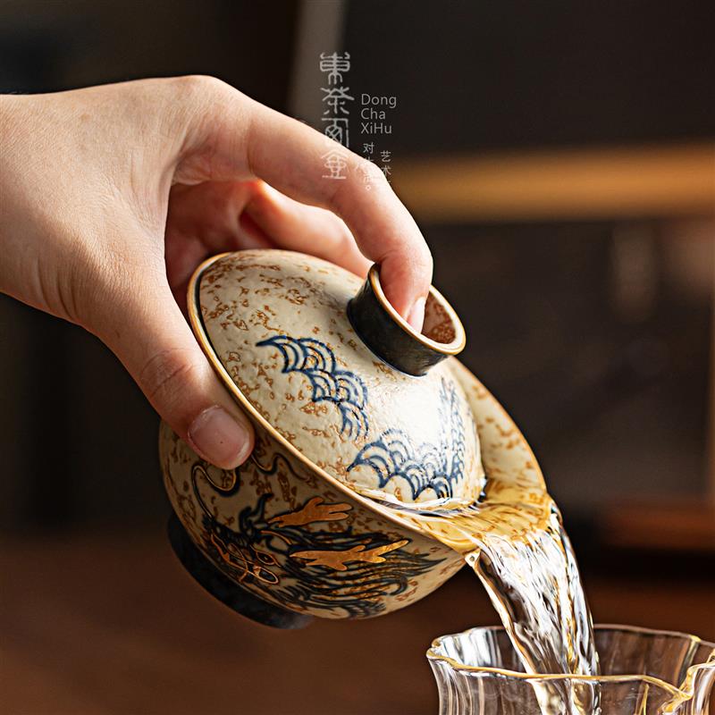 手绘盖碗手工描金三才盖杯手作茶具陶瓷国潮泡茶碗青花红火石茶器