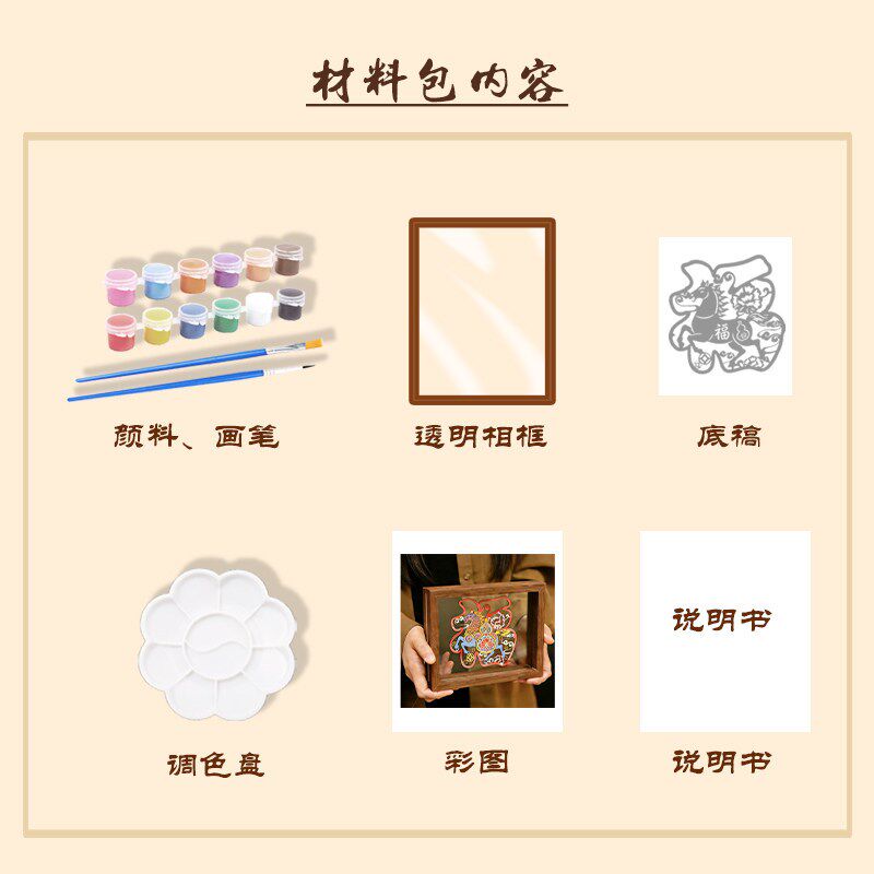 马年国潮非遗染色刻纸diy手工材料包福马花鸟吉祥节庆窗花带相框