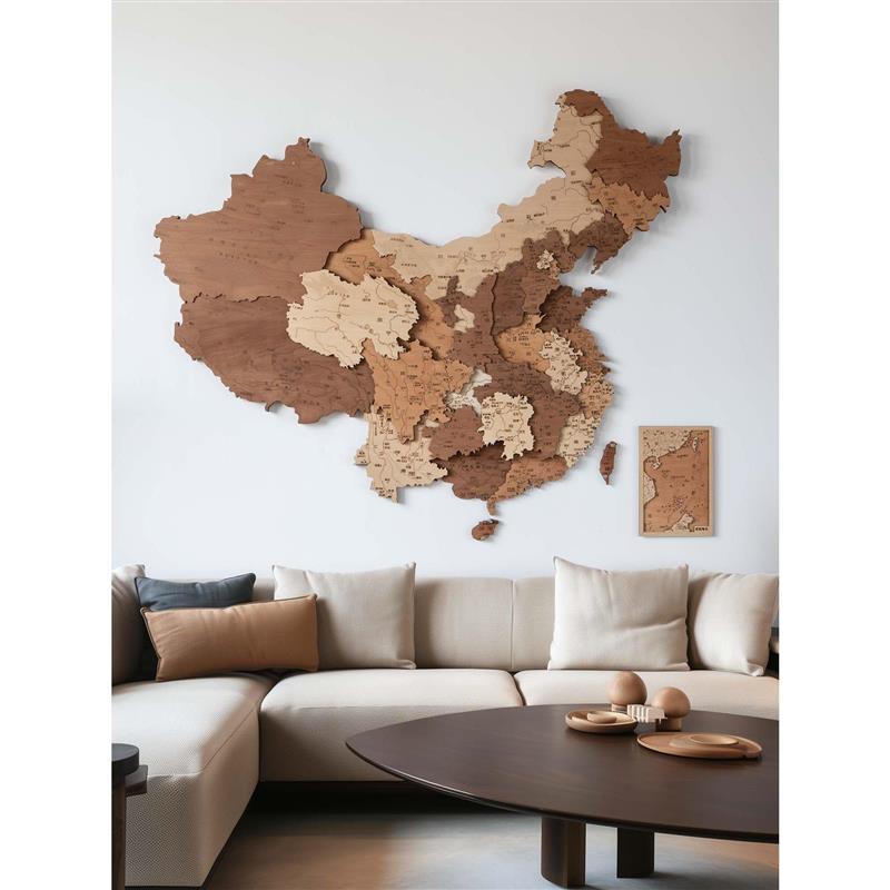 梯木叠雕木质创意地图中国墙面装饰3d立体装饰画简约创意挂画壁饰