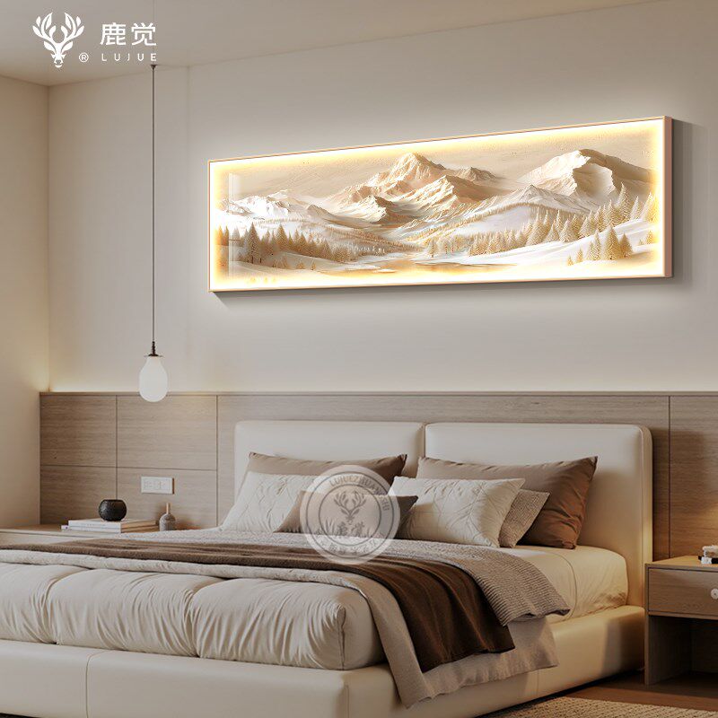 背靠金山灯画床头画卧室挂画轻奢高档客厅沙发背景墙装饰画发光画
