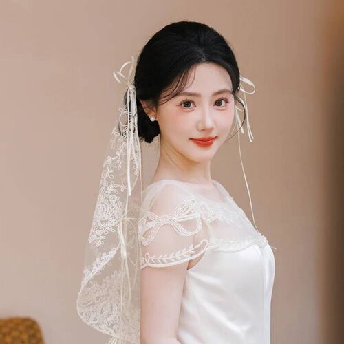 新款复古蕾丝蝴蝶结丝带小头纱新娘头饰法式跟妆造型拍照旅拍配饰