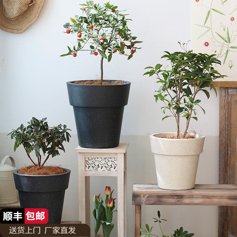 北欧圆形水泥花盆大口径镁泥花器绿植盆栽多色组合套装简约清新