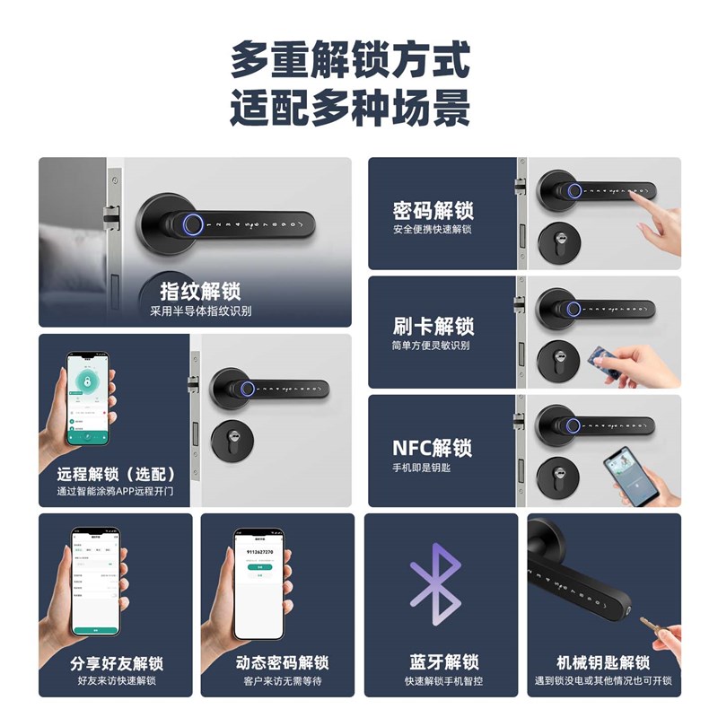 木门指纹锁办公室房间门单舌球形旧锁改装智能门锁卧室把手密码锁