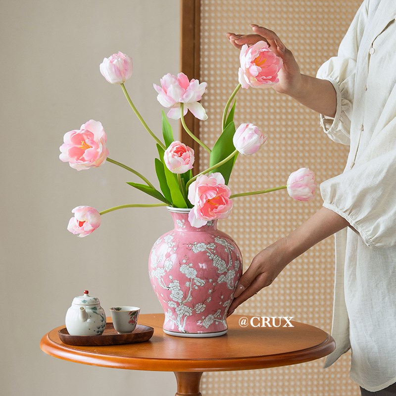 新中式粉釉梅花青花瓷陶瓷花瓶 客厅插花高级感摆件玄关摆设 花笺