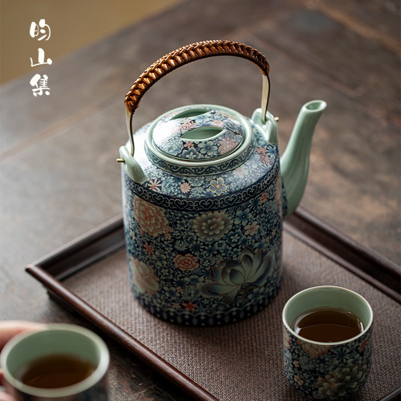 汝窑青花冷水壶冷水壶大号家用陶瓷水壶大容量老式提梁泡茶壶茶具