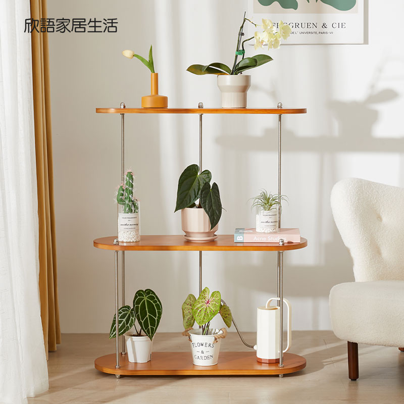 花架阳台置物架实木2024新款客厅复古落地式移动展示架中古花架子