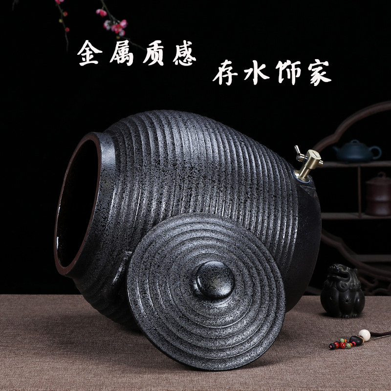 宜兴紫砂水缸 储水罐 过滤饮水净水器水罐 大天目黑 上出水抽水孔