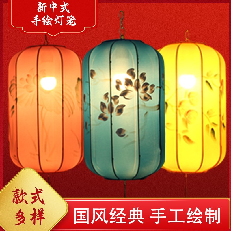 新中式布艺古典中国风户外防水手工绘画发光彩色定制冬瓜灯笼