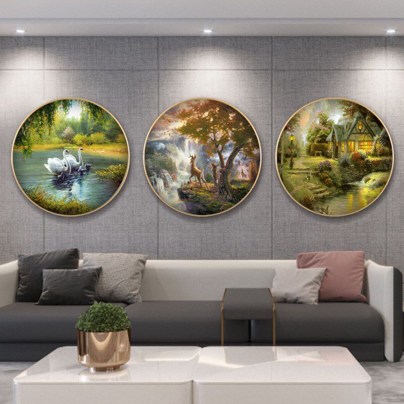 网红风景画装饰画沙发背景墙挂画靠山聚宝盆圆形招财油画欧式山水