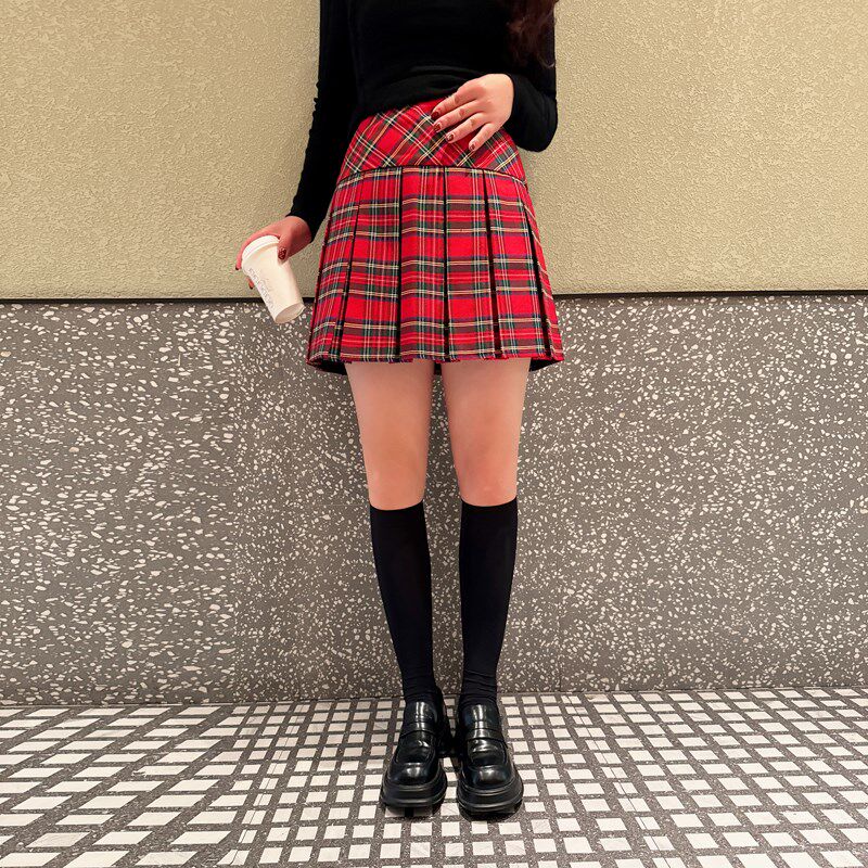 大码美式格子裙百褶裙半身裙女2024新款秋冬高腰jk短裙半裙裙子