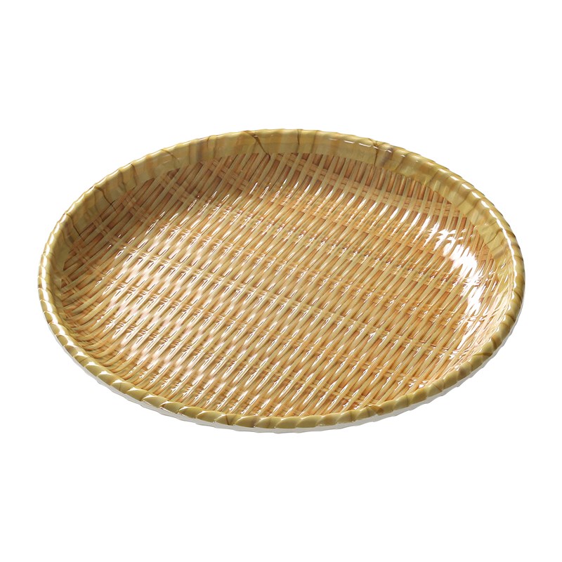 密胺仿竹编藤编簸箕盘子餐饮烧烤点心小吃盘火锅菜盘商用圆盘摆盘