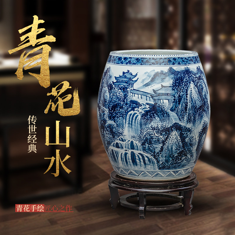 景德镇陶瓷手绘青花瓷书画卷轴缸客厅仿古花瓶书房字画收纳桶摆件